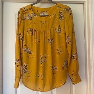 LOFT XS Mustard Yellow Long Sleeved Blouse with Flowers
